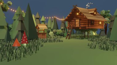 Ormandaki büyülü peri masalından ahşap bir ev. Tahtadaki tavuk bacaklı Baba Yaga kulübesinin 3 boyutlu çizimi. Doğaüstü kır evi modeli. Slav folkloru, Rus mitolojisi. Grafik tasarımı.
