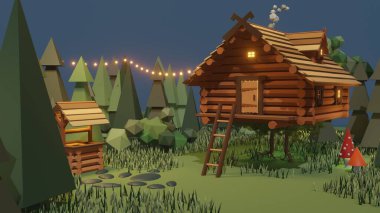 Ormandaki büyülü peri masalından ahşap bir ev. Tahtadaki tavuk bacaklı Baba Yaga kulübesinin 3 boyutlu çizimi. Doğaüstü kır evi modeli. Slav folkloru, Rus mitolojisi. Grafik tasarımı.