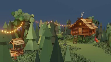 Ormandaki büyülü peri masalından ahşap bir ev. Tahtadaki tavuk bacaklı Baba Yaga kulübesinin 3 boyutlu çizimi. Doğaüstü kır evi modeli. Slav folkloru, Rus mitolojisi. Grafik tasarımı.