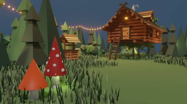 Ormandaki büyülü peri masalından ahşap bir ev. Tahtadaki tavuk bacaklı Baba Yaga kulübesinin 3 boyutlu çizimi. Doğaüstü kır evi modeli. Slav folkloru, Rus mitolojisi. Grafik tasarımı.