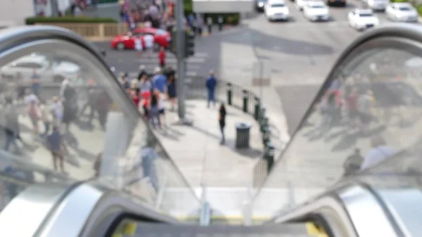 Perspective View Thru Escalator Defocused Unrecognizable Group People Road Intersection — Stock Photo, Image
