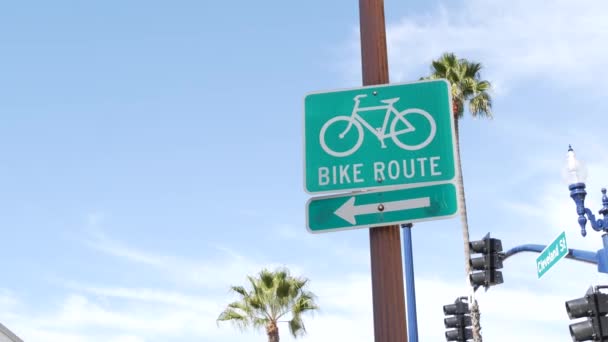 Moto Rota sinal de estrada verde na Califórnia, EUA. Bicicleta faixa singpost. Bikeway em Oceanside estância turística pacífica. Placa de ciclismo e palma. Estilo de vida saudável, recreação e segurança símbolo de ciclismo — Vídeo de Stock