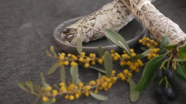 Kurutulmuş beyaz adaçayı lekesi, gevşeme ve aromaterapi. Psişik okült ayin, bitkisel şifa, yoga ya da aura temizliği sırasında lekeler. Esrarengiz ayinler ve fal bakımı için temel tütsü