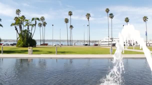 Şehir merkezindeki San Diego şehir merkezi yakınlarındaki liman kenti parkında çeşme, Kaliforniya hükümeti otoritesi, ABD. Pasifik Okyanusu Limanı, Gaslamp Quarter 'da ambarcadero. Palmiyeler ve çimenler iskeleye yakın. — Stok video