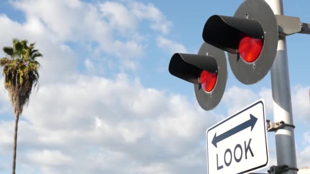 Señal de advertencia de cruce de nivel en EE.UU. Aviso cruzado y semáforo rojo en la intersección de carreteras ferroviarias en California. Transporte ferroviario símbolo de seguridad. Señal de precaución sobre el peligro y la vía del tren — Vídeos de Stock