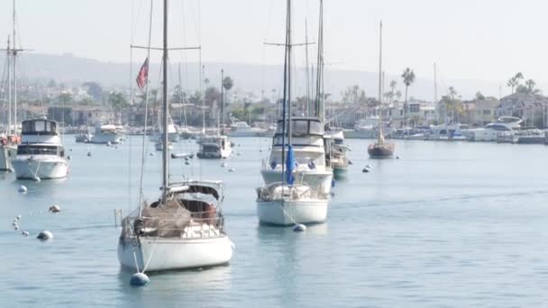 ニューポートビーチ港,ヨットや帆船と週末マリーナリゾート,太平洋沿岸,カリフォルニア州,アメリカ.オレンジ郡のウォーターフロントの高級郊外の不動産。高価なビーチフロントの休暇先 — ストック動画