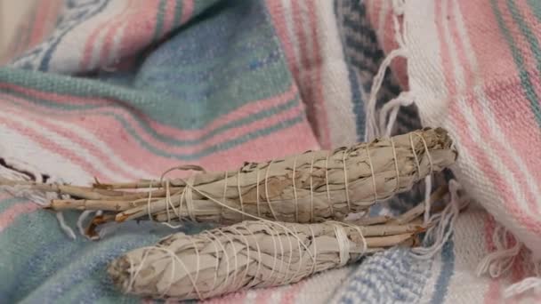 Dried white sage smudge stick, relaxation and aromatherapy. Smudging during psychic occult ceremony, herbal healing, yoga or aura cleaning. Essential incense for esoteric rituals and fortune telling — Stock Video