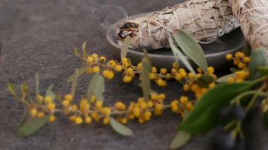 Kurutulmuş beyaz adaçayı lekesi, gevşeme ve aromaterapi. Psişik okült ayin, bitkisel şifa, yoga ya da aura temizliği sırasında lekeler. Esrarengiz ayinler ve fal bakımı için temel tütsü