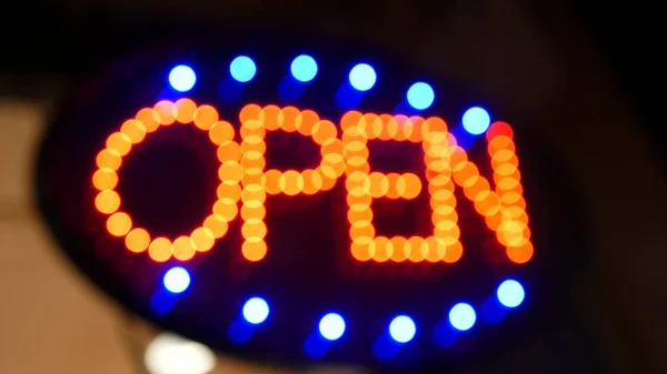Open Neon Sign Glowing Dark Vivid Retro Styled Text Entrance — Stock Photo, Image