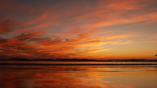 Kalifornská letní pláž estetická, zlatý západ slunce. Živé dramatické mraky nad oceánskými vlnami. Santa Monica populární resort, Los Angeles CA USA. Atmosférické náladové fialový večer západ slunce v LA — Stock video