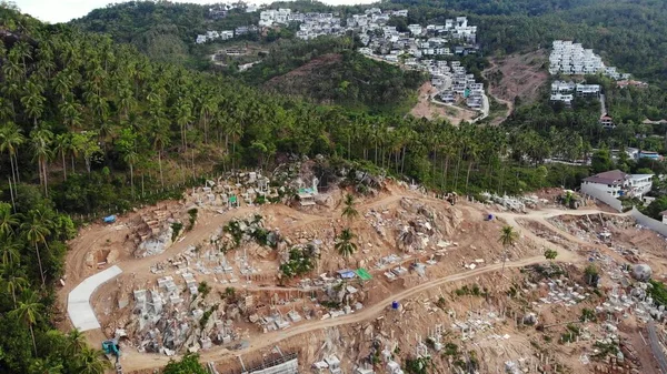 Tropical terrain covered with endangered forests and luxury villas. Drone view of large tropics with ecosystem disturbance due to buildings and deforestation. Koh Samui. Coconut palm plantations