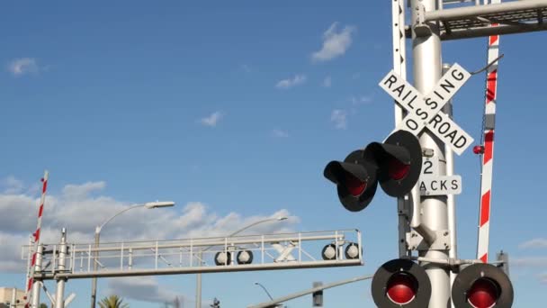 Sinyal peringatan tingkat persimpangan di Amerika Serikat. Crossbuck melihat dan lampu lalu lintas merah di persimpangan jalan kereta api di California. Kereta api transportasi simbol keselamatan. Tanda peringatan tentang bahaya dan jalur kereta — Stok Video