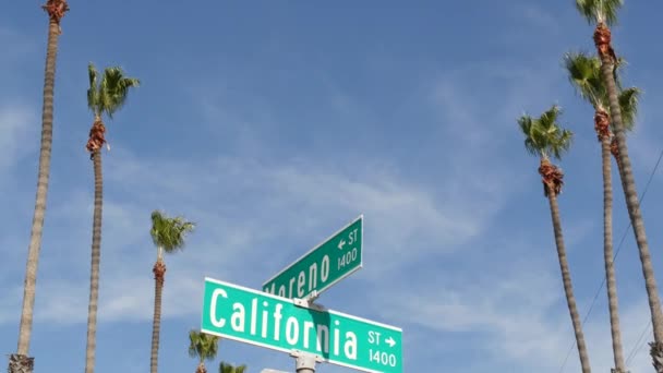 Señal de calle de California en el cruce. Letras en la intersección señalización, símbolo de los viajes de verano y vacaciones. Destino turístico de EE.UU. Texto en el tablón de nombres en la ciudad cerca de Los Ángeles, ruta 101 — Vídeos de Stock