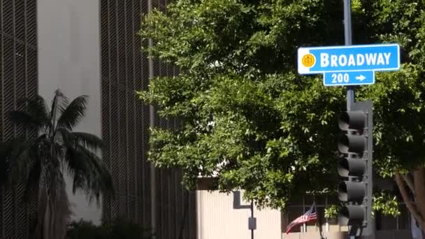 Straßenname am Broadway, Odonym-Schild und Ampel an Säule in den USA. Straßenkreuzung in der Innenstadt der Stadt. Kreuzung im zentralen städtischen Geschäftsviertel. Namensschild mit dem Titel der Hauptallee — Stockvideo