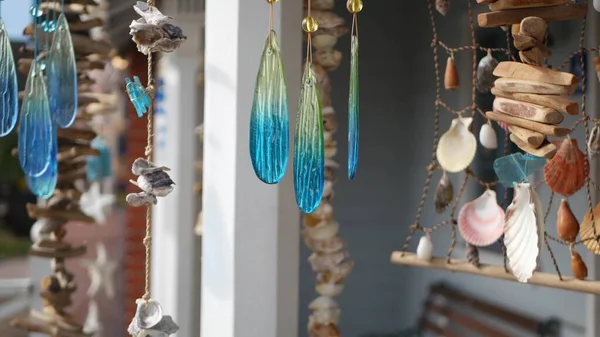 Décoration Coquillages Suspendus Style Nautique Maison Vacances Bois Bleue Bord — Photo