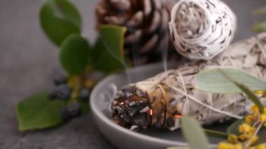 Kurutulmuş beyaz adaçayı lekesi, gevşeme ve aromaterapi. Psişik okült ayin, bitkisel şifa, yoga ya da aura temizliği sırasında lekeler. Esrarengiz ayinler ve fal bakımı için temel tütsü