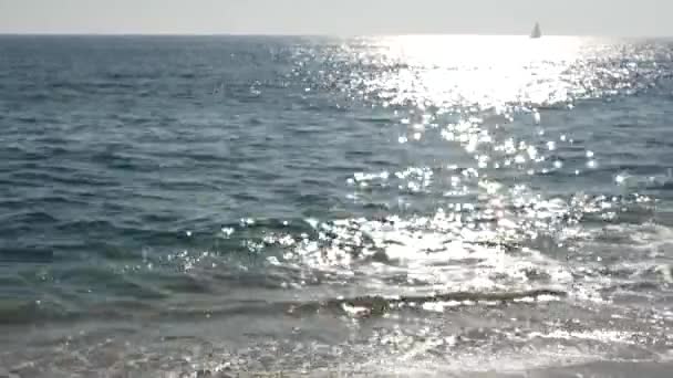 California verano playa estética, borrosa desenfocada ola de agua. Pista de sol brillante y la luz del sol. Complejo oceánico pacífico de Santa Mónica. Soñador tranquilo fondo nebuloso. Mar idílico tranquilo poco claro — Vídeo de stock