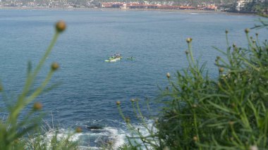 La Jolla, San Diego, CA USA -24 Ocak 2020: Okyanusta kano süren bir grup insan, kano kürek çeken ve fok balığı arayan aktif turistler. Dik yamaçtan bak. Tatillerde ve tatillerde boş zaman