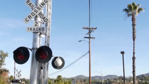 Szintjelző jelzés az USA-ban. Crossbuck figyelmeztetés és piros jelzőlámpa a kaliforniai vasúti kereszteződésnél. Vasúti közlekedés biztonsági szimbóluma. A veszélyre és a vonat vágányára vonatkozó figyelmeztető jelzés — Stock videók