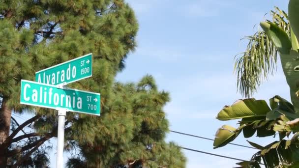 Kalifornijski znak drogowy na skrzyżowaniu. Listy na skrzyżowaniu drogowskazów, symbol letnich podróży i wakacji. USA cel podróży turystycznych. Tekst na tablicy w mieście niedaleko Los Angeles, trasa 101 — Wideo stockowe
