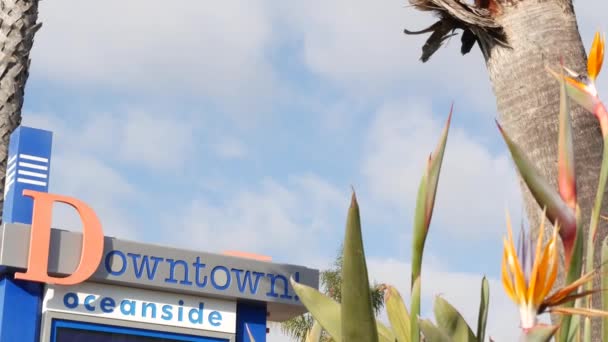 Oceanside nameboard sign and palm trees. Oside is the popular american tourist resort, pacific ocean west coast, San Diego County, California USA. Name of city of vacations and tourism on coastline — Stock Video