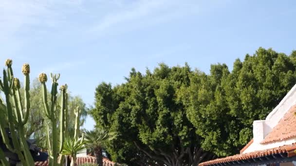 Estilo colonial mexicano suburbano, exterior de la casa hispana, exuberante jardín verde, San Diego, California, EE.UU. terracota mediterránea baldosas de cerámica en el techo. Azulejos españoles rústicos en la azotea. Detalles rurales — Vídeo de stock