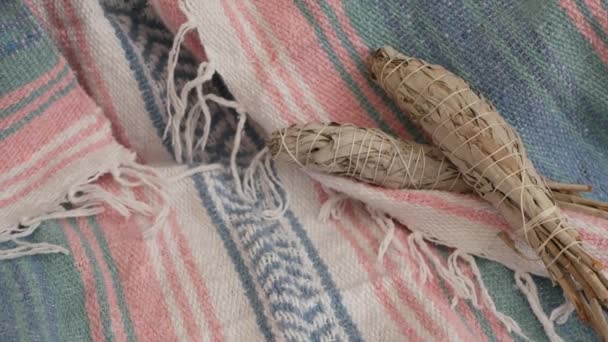 Dried white sage smudge stick, relaxation and aromatherapy. Smudging during psychic occult ceremony, herbal healing, yoga or aura cleaning. Essential incense for esoteric rituals and fortune telling — Stock Video