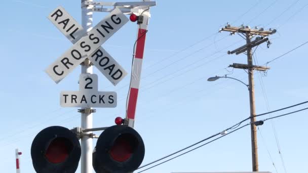 Señal de advertencia de cruce de nivel en EE.UU. Aviso cruzado y semáforo rojo en la intersección de carreteras ferroviarias en California. Transporte ferroviario símbolo de seguridad. Señal de precaución sobre el peligro y la vía del tren — Vídeo de stock