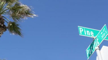 Pasifik Caddesi kavşağındaki yol tabelası, 101 numaralı güzergah, Kaliforniya, ABD. Kesişme noktasındaki mektup, yaz seyahatlerinin ve tatillerin sembolü. Los Angeles yakınlarındaki kentte tabela.