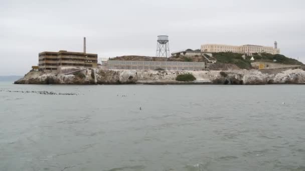 San Francisco Körfezi, Kaliforniya 'daki Alcatraz Adası. Taştaki gangsterler için federal hapishane, sisli hava. Tarihi hapishane, puslu bir limandaki uçurum. Cezalandırma ve suçtan hapis — Stok video