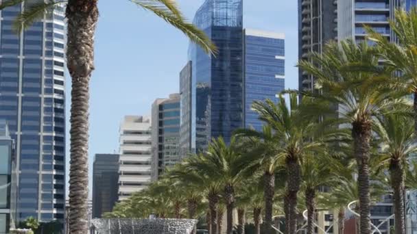 Metropolis şehir silueti, San Diego şehir merkezi, Kaliforniya, ABD. Finans bölgesindeki gökdelenler ön cephede. Çağdaş mimari, gelecekçi modern iş kuleleri Amerika 'da — Stok video