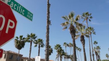 Pasifik Caddesi kavşağındaki yol tabelası, 101 numaralı güzergah, Kaliforniya, ABD. Kesişme noktasındaki mektup, yaz seyahatlerinin ve tatillerin sembolü. Los Angeles yakınlarındaki kentte tabela.
