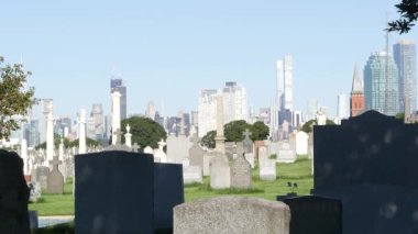 New York, ABD - 14 Eylül 2023: ABD 'deki Calvary Mezarlığı. Manhattan şehir merkezi siluet şehir mimarisi. Mezar taşları, büyük mezarlıklar. Geniş mezarlık çimenleri.