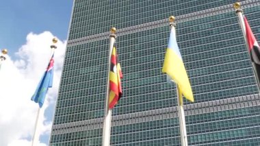 New York, ABD - 12 Eylül 2023: Birleşmiş Milletler Genel Merkezi, Manhattan Midtown, ABD. Diplomatik politik uluslararası organizasyon. Genel Kurul konferans oturumu için bayrak sırası.