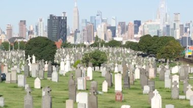 New York, ABD - 14 Eylül 2023: ABD 'deki Calvary Mezarlığı. Manhattan şehir merkezi siluet şehir mimarisi. Mezar taşları, büyük mezarlıklar. Geniş mezarlık çimenleri.