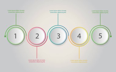 Zaman çizelgesi bilgileri. 5 adımlı iş konsepti, sayı seçenekleri, daireler. Sunum için vektör şablonu.
