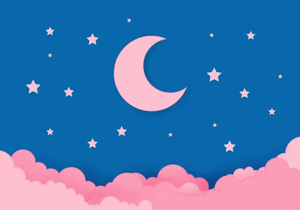 ดวงจันทร์สีชมพูและดวงดาวในตอนเที่ยงคืน สไตล์ศิลปะกระดาษ — ภาพเวกเตอร์สต็อก