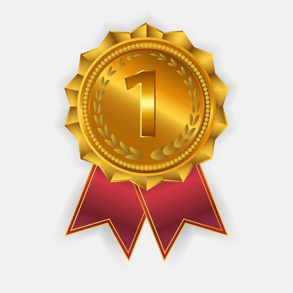 Gold medal with red ribbon. Metallic winner award. Vector illust