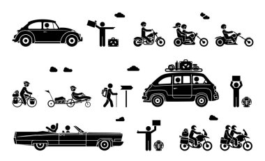 Çeşitli ulaşım türleri. Bisiklet, motosiklet ve araba ile seyahat temsil pictograms şeklinde İllüstrasyon.
