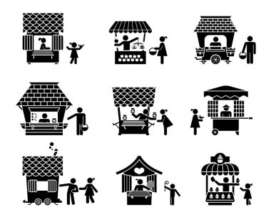 Street sellers and market stalls presented as pictograms. clipart