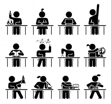 Okulda ki öğrenciler derslere katılıyor. Pictogram simge seti. 
