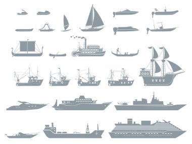 Large collection of geometrically stylized boats and watercrafts. clipart