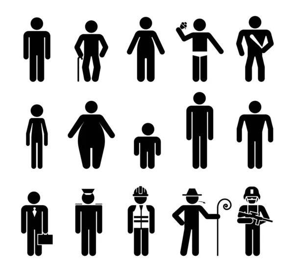 Conjunto de pictogramas masculinos que representan varios tipos de personas . — Vector de stock