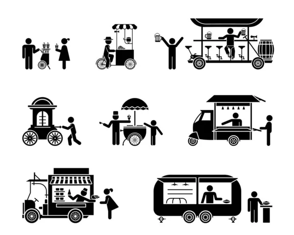 Vendedores de rua e barracas de mercado apresentadas como pictogramas . — Vetor de Stock