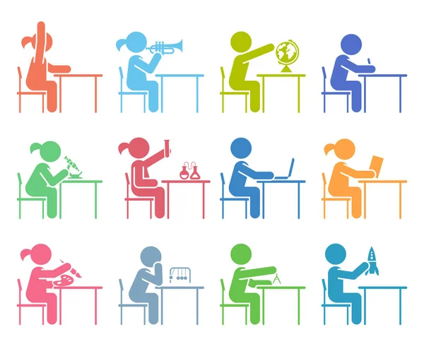 Estudantes na escola que frequentam aulas. Conjunto de ícones do pictograma . —  Vetores de Stock