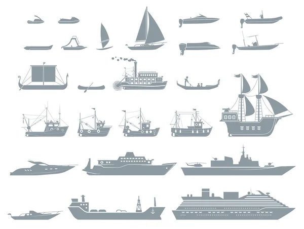 Duży zbiór geometrycznie stylizowanych łodzi i statków wodnych. — Wektor stockowy