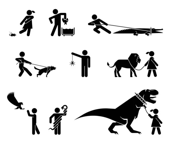Piktogramme, die gefährliche Haustiere und ihre Besitzer darstellen. — Stockvektor