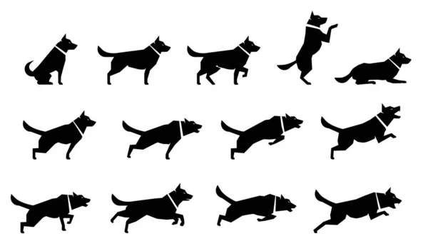 Çeşitli köpekler vücut duruşları temsil eden simgeler kümesi. — Stok Vektör