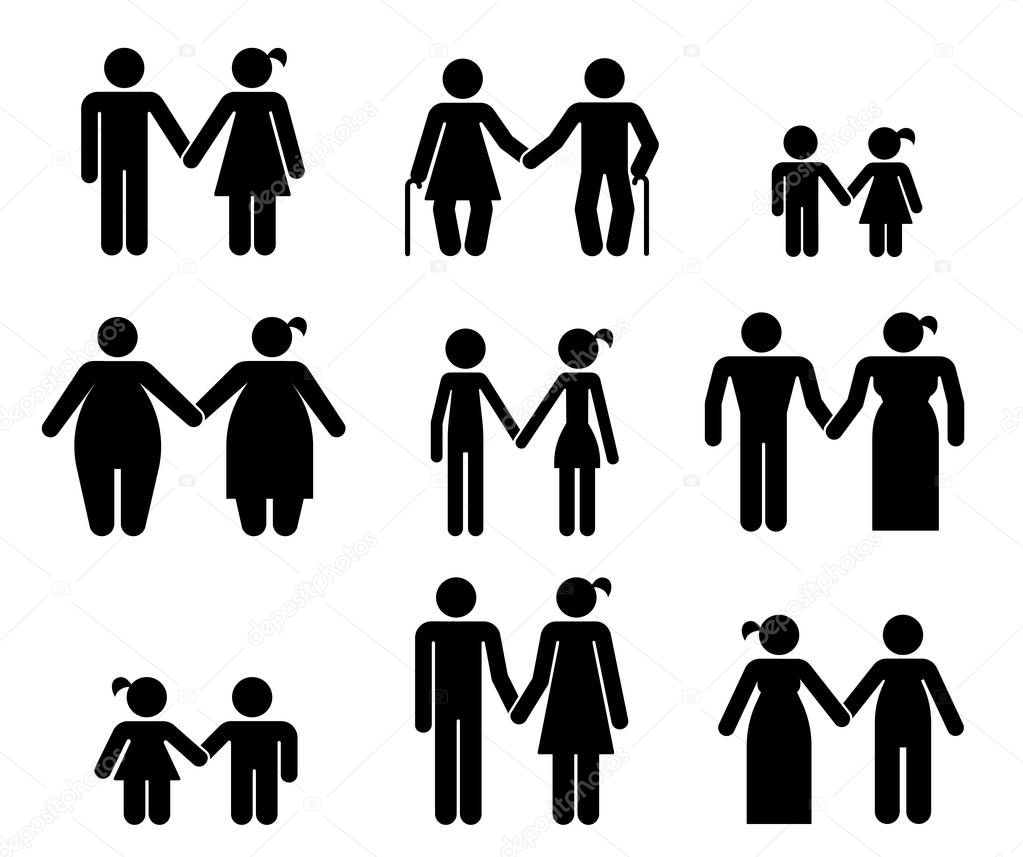 Set of pictograms that represent various kinds of people. Body appearance. Pictograms which represent couple in love with various type of body shape and age difference.