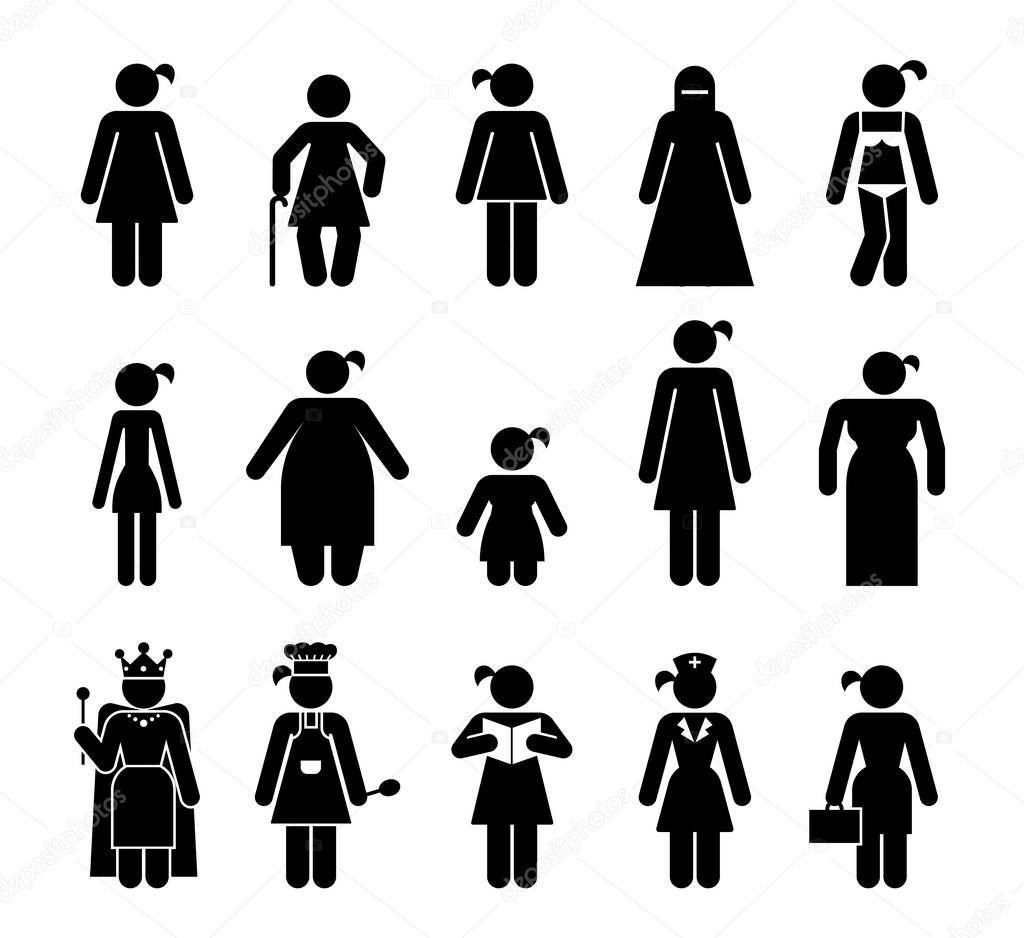 Set of female pictograms that represent various kinds of people.